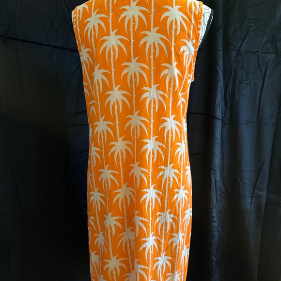 Tracy Negoshian, orange and white palm tree pattern dress with teal ruffle, sz L - Picture 3 of 5